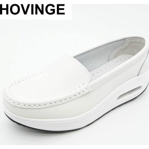 HOVINGE Summer Genuine Leather Womens Shoes Nurse Swing Work all Single Shoes star Wedges Womens Shoes Black white Platform