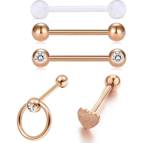 BONISKISS 4 styles 14G Tongue Rings Stainless Steel Straight Barbells 5pcs Rose Gold Nipple Piercing Bar Sexy Tongue Ring