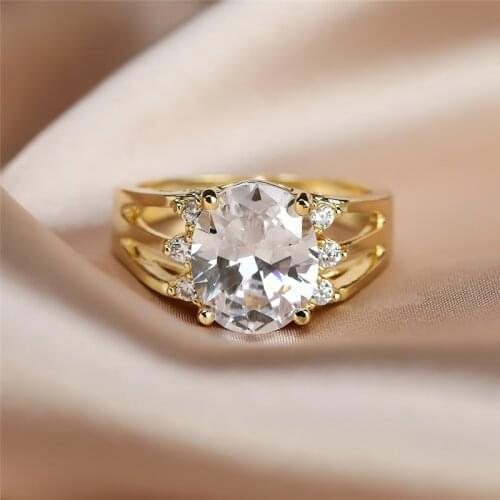 Cute Female White Crystal Stone Ring Charm Gold Color Wedding Rings For Women Big Oval Bride Engagement Ring