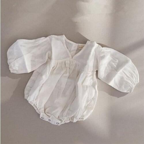 HAYANA 2021 Autumn New Baby Bodysuits Solid Cotton And Linen Lantern Sleeve Casual V-neck Butterfly Bodysuit
