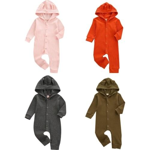 2020 Pudcoco Jumpsuit 0-24M Newborn Baby Boy Girl Solid Romper with Ear Hat Long Sleeve Button Hooded Spring Autumn Clothing