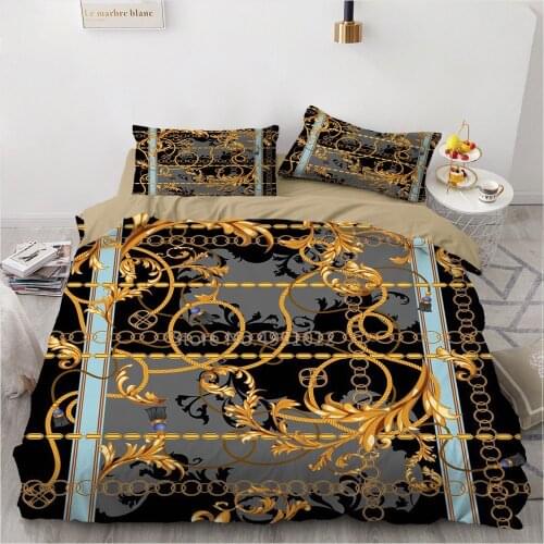 3 Pieces Golden Flower Chain Bedding Set 3D Print Vintage Baroque Duvet Cover Euporean Pattern Bed Quilt Cover Pillowcase