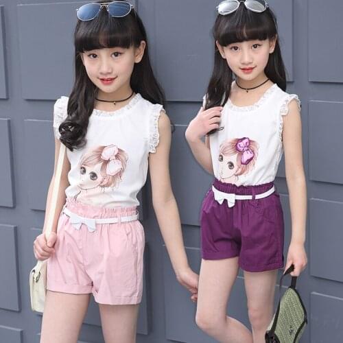 Teenager Girls Suits Lace Sleeveless T-shirt And Shorts 2019 Summer Children Clothing Sets Baby Girls Clothes 6-14 Years Old