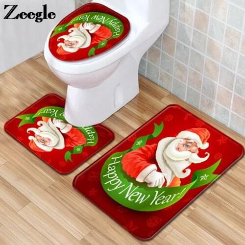 Bath Mat and Toilet Carpet in the Bathroom Microfiber Christmas Style Toilet Seat Cushion Dustproof Absorbent Foot Rug Set