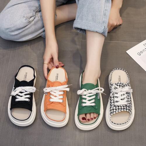 2021 summer canvas half slippers, wearing Korean style one line slippers, round head sandals, ladies