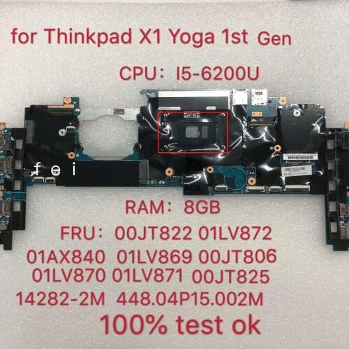 For Lenovo Thinkpad X1 Yoga 1st Gen Laptop Motherboard CPU i5-6200U RAM 8GB FRU 01LV872 01AX840 01LV869 00JT806 01LV870 00JT822