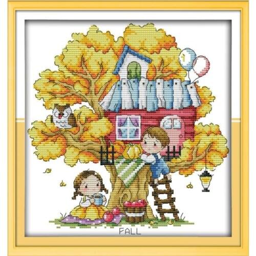 Tree House (Autumn) cross stitch kit aida 14ct 11ct count printed canvas stitches embroidery DIY handmade needlework