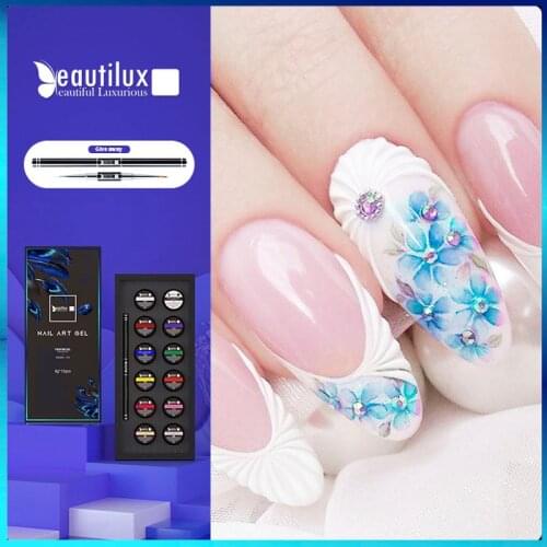 Beautilux 3D Carving Gel Paste Kit No Sticky Layer ProfessiNail Art Design DIY Lining Drawing Manicure Set With Nail Brush