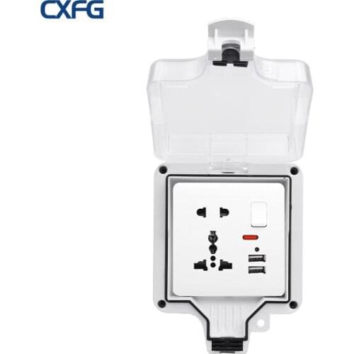 CXFG Outdoor Wall Waterproof Universal Switch Socket IP66 Weatherproof Dustproof Power Socket 2 USB Charging Socket AC 110~250V
