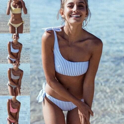 New Womens Swimsuit Push-Up Padded Stripe Beachwear One-Shoulder Bow Tops Two Sides Bow Sexy Swimsuit For Summer Direct Sales