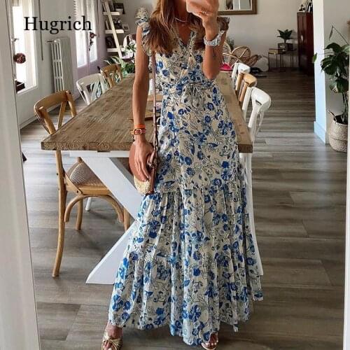 Boho Floral Print Maxi Dress Sashes Women Summer Vestidos Ethnic Ladies Gypsy Long Dresses Chic Female 2020 New Fashion