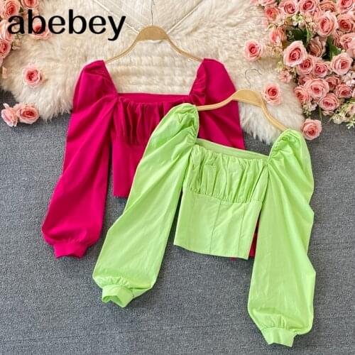 2021 New Spring Autumn Temperament Versatile Square collar Long Sleeve Shirt high waist pleated short off navel solid Shirt Top