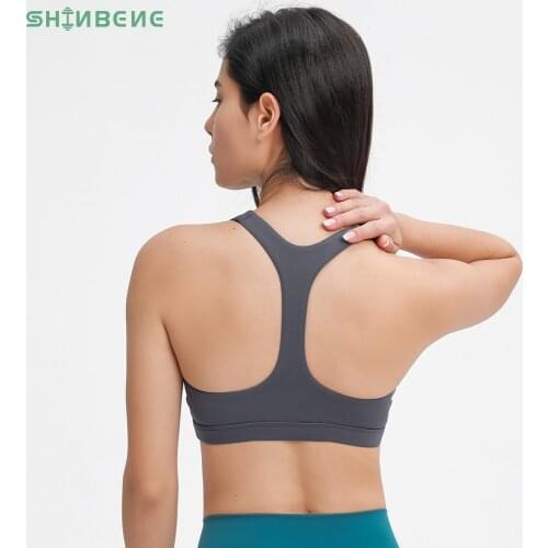 SHINBENE RACERBACK Sexy V-neck Fitness Sports Bra Top Women Plain Padded Naked Feel Workout Gym Bras Athletic Brassiere XS-XL