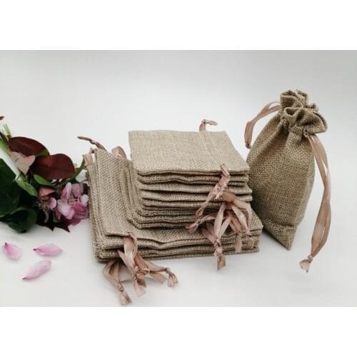 10pcs Tote Linen Fabric Bag Sack Jute Gift Bags Silk Ribbon Drawstring Jute Bag for Webbing Party Gifts Packaging Bags Storage