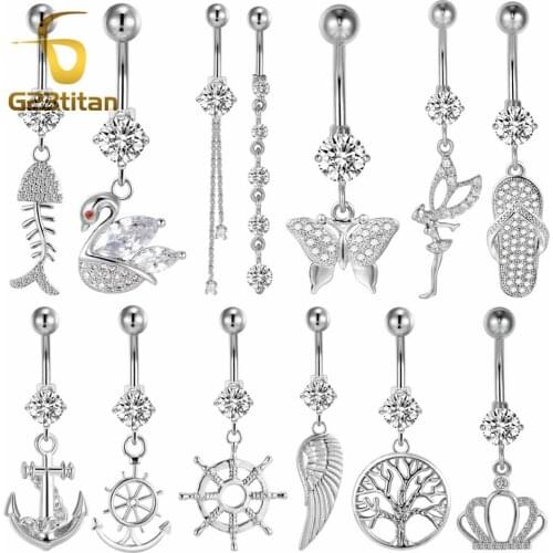 G23titan Sexy Silver Color Dangle Belly Bars Belly Button Ring Surgical Titanium Rhinestone Body Jewelry Navel Piercing Ombelico
