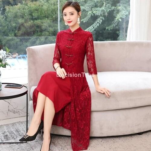 2021 vietnam aodai chinese traditional dress cheongsam dress robe chinese ao dai improved cheongsam oriental red lace dress