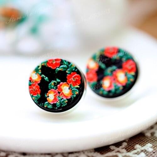 Unique 3D Flower Embossed 16mm Round Coloured Drawing pattern Laser Cut wood Cabochon DIY for Rings, Earring,Brooch,Necklace