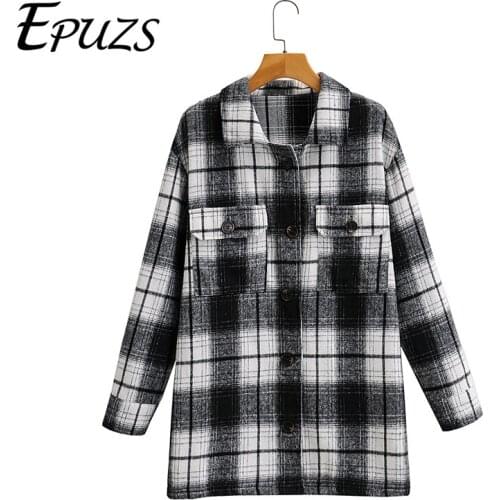Vintage Lapel Plaid Oversize Jacket Coats Fashion Slim Pocket Long Sleeve Office Jacket Coats Casual Famale Outerwear Chi Tops