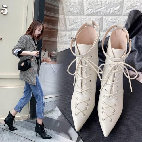 New Women Shoes Genuine Leather Ankle Boots Zipper Pointed Toe Thin Heels Women Boots Zapatos De Mujer Cross-tied Modern Boots