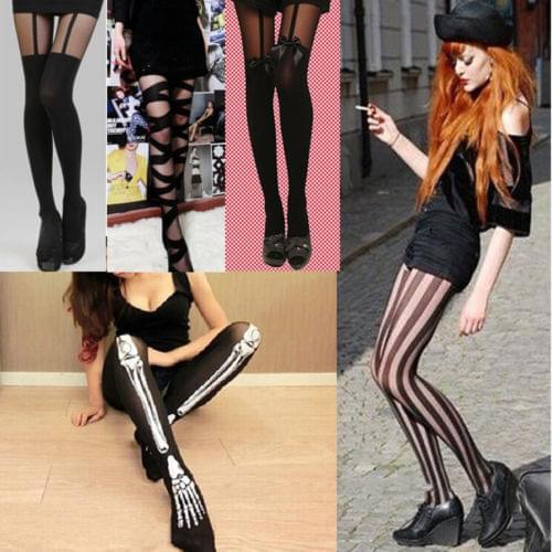 Womens Stockings Sexy Pantyhose Fishnet Lace Stay Up Thigh Black High Stretch Black Stockings Skeleton Bone Hosiery Pantyhose
