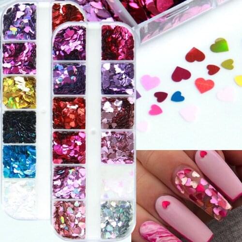 12 Grids Sweet Love Heart Nail Glitter Sequins Rose Gold Silver Shining Laser AB Nail Art Paillette Manicure 3D Decorations