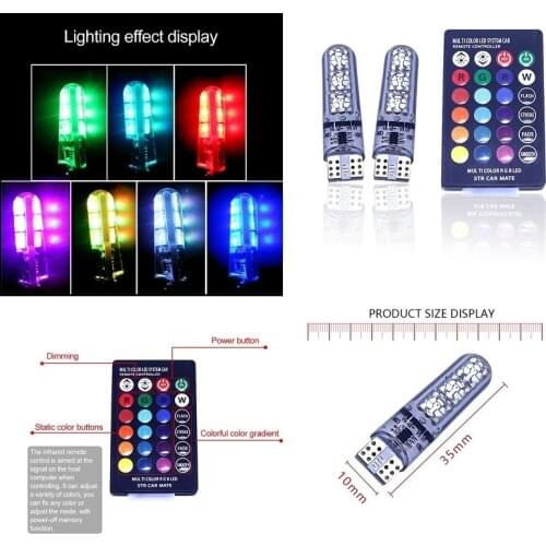 2x T10 W5W Car LED Signal Bulb Remote Control RGB Auto Interior Dome Reading Light Atmosphere Wedge Side Flash Strobe Lamp 6SMD