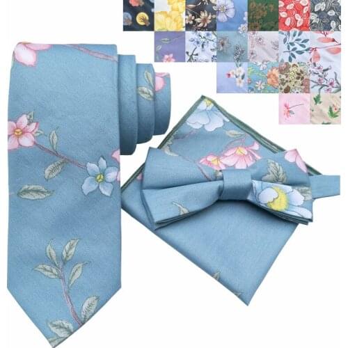 2019 Floral Slim Tie Set Cotton Neck Tie Set For Men Necktie Hankerchiref Bowtie Sets Papillon Wedding Cravat Butterfly Corbatas