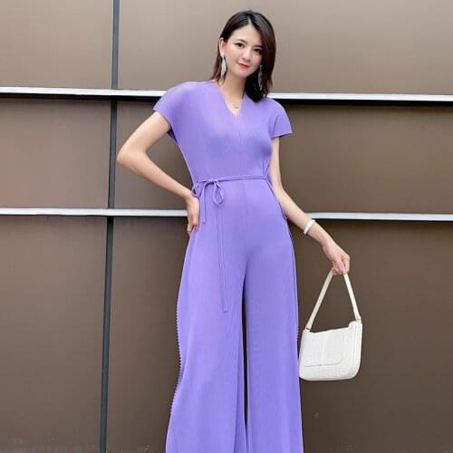 2021 elegant jumpsuits for women Miyak Pleated Fashion Solid Wear a belt v-neck Female one piece outfit
