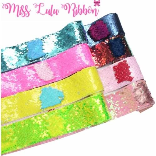 3"75mm Double Color Reversible Sequin Ribbon Neon Pink Green Navy Yellow DIY Wedding Gift Bowknot Hair Band Making 25yards/roll