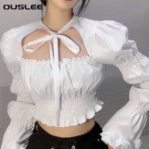 Ouslee Korean Style Women Blouses Square Neck Puff Sleeve Short Shirt Long Sleeved White Chiffon Summer Slim Top Shirts