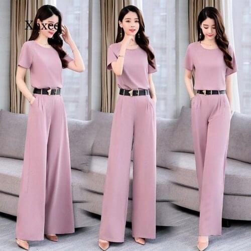 Summer Womens Suit Trousers Short-Sleeved Casual Fashion Suit Round Neck Waist Slimming Top Loose Wide-Leg Pants