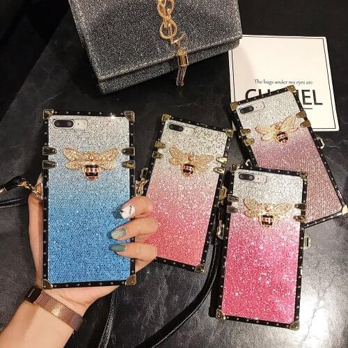 Case For iPhone Xr X Xs Max Cover Glitter Sequins Gradient 3D Bee Metal Square Girly Cover For iPhone 7 8 Plus X 6 6S Plus Cases