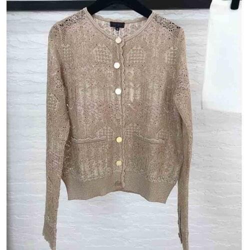 Cosmicchic 2021 Women Fashion Jacquard Cardigan Hollow Out Knitting Casual Sweater Ladies Long Sleeve Cardigan Thin Sweater Tops