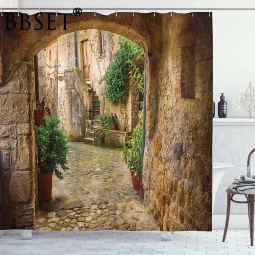 Scenery Decor Shower Curtain By Ambesonne Landscape From Another Door Antique Stone Village Bathroom Waterproof Shower Curtain
