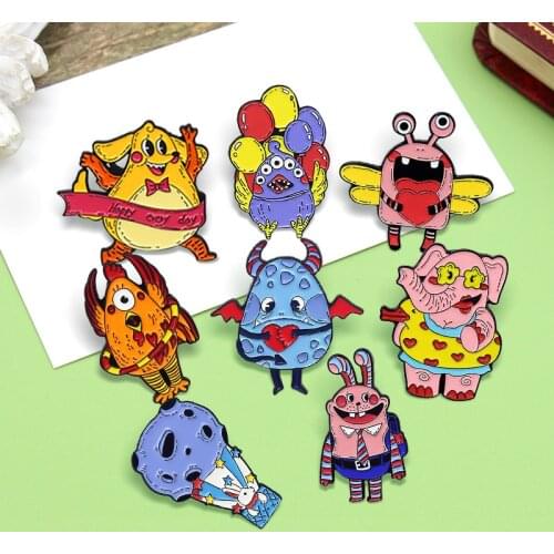 Monster Animals Enamel Pin Chicken Rabbit Elephant Dragonfly Vampire Happy Every Day Brooches Lapel Badge Jewelry Gift for Kids