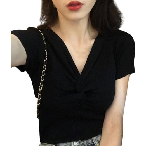 T-shirts Streetwear Shirts Women Short Sleeve Stretch Knitted T-shirt V-neck Cross Wrap Tops Streetwear Sexy Blouse Slim T shirt