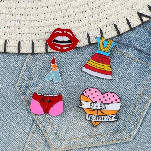 Lips Lipstick Dress Enamel Pin Sexy Women Girl Lapel Pin Big Button Heart Brooches Denim Lapel Shirt Buckle Bag Badge Jewelry