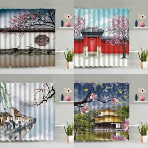 Classical Building Shower Curtain Ancient Town Pink Cherry Blossom Tree Plants Garden Bird Bathtub Decor Screen Hanging Curtains