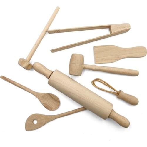 8pcs Kitchen Toys Beech Wooden Baby Pretend Play Kids Interactive Learning Toys Kitchen Items Cooking Food Cookware Accessories
