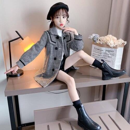 Fashion New Woollen Jacket Outwear For Autumn Winter Warm Cute Baby Girls Outerwear 2 Colors Plaid Teenages Girls Jackets Coats
