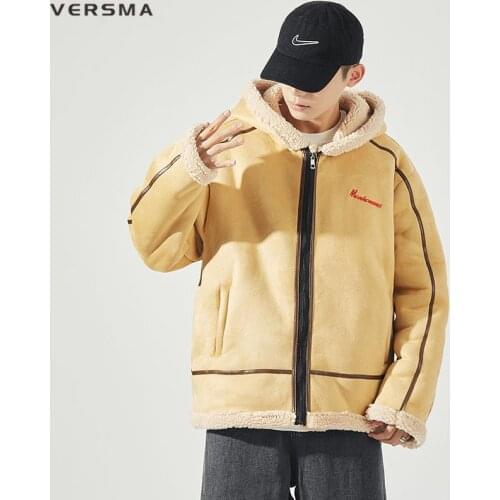 VERSMA Korean Harajuku Fur Collar Lamb Woll Jacket Coat Men Parka Motorcycle Oversize Youth Clothes Hood Parkas Men Dropshipping