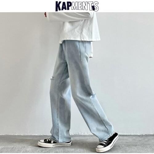 KAPMENTS Men Baggy Hole Harajuku Wide Leg Jeans Pants 2021 Mens Japanese Streetwear Kpop Denim Trousers Male Vintage Jeans Pants
