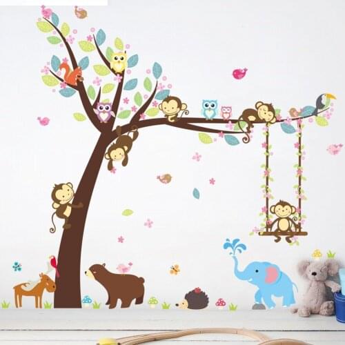 Monkey And Swing Wall Stickers For Kids Room Home Decoration Background Plane Cartoon Mural Door Pvc Wallpaper Rushed Sale