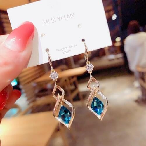 OLIRAFT 2021 Trendy Korean Long Earrings for Women Blue Crystal Geometry Elegant Female Dangle Drop Earrings Fashion Jewelry