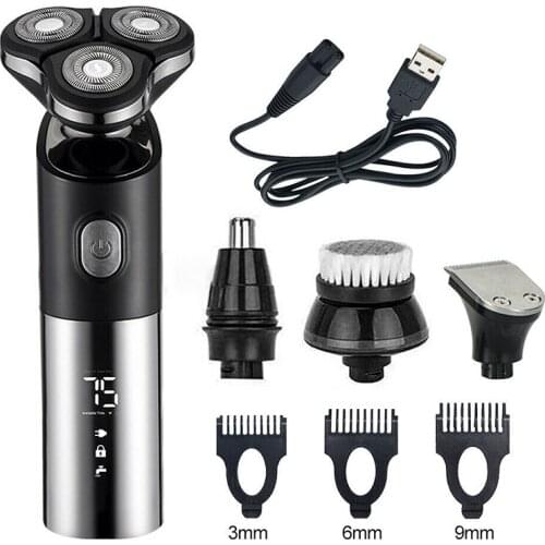 Professional Mens Electric LED Shaver Kit Clipper Rechargeable 3 Heads Nose Beard Hair Trimmer W/ Facial Cleaning Brush