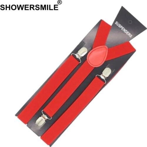 SHOWERSMILE Adult Suspenders Strap Mens Belt For Trouser Solid Red Blue Purple Clips Dress Wedding Suspenders For Men Tirantes