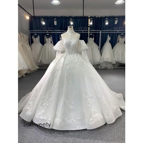 Luxury Beaded Princess Wedding Dress 2021 Lace Appliques Lace up Ball Gown Illusion Bridal Customized Vestido de Noiva
