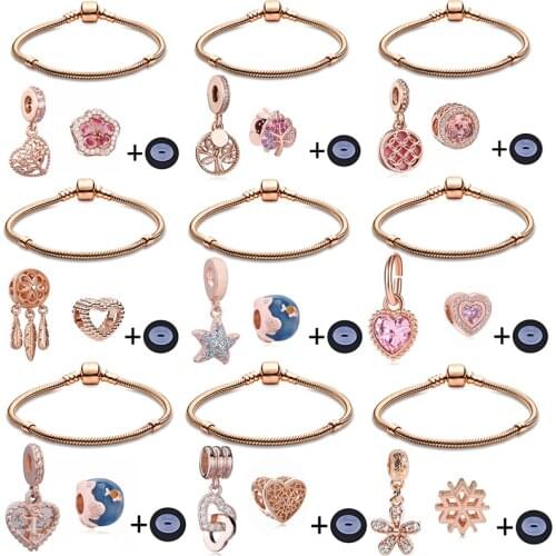 Special Offer Brand Classic Simple Charm Bracelets with Rose Gold Feather Love Heart Beads Bracelet Bangles For Women Jewelry