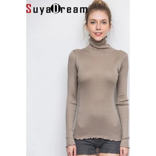 SuyaDream Women Solid Turtleneck Pullovers 80%Silk 20%Cotton Slim Fit Rib Sweaters 2019 Autumn Winter Bottoming Knit wear
