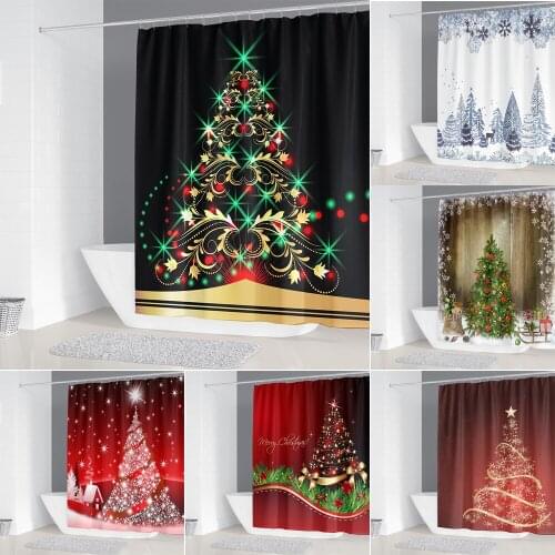 Christmas Tree Fabric Shower Curtains Snowflake Printed Bathtub Bathroom Accessory Bath Curtain with Hooks Festival Party Decor
